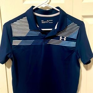 Under Armour golf shirt. Navy blue with gray, turquoise striping . Youth XL.